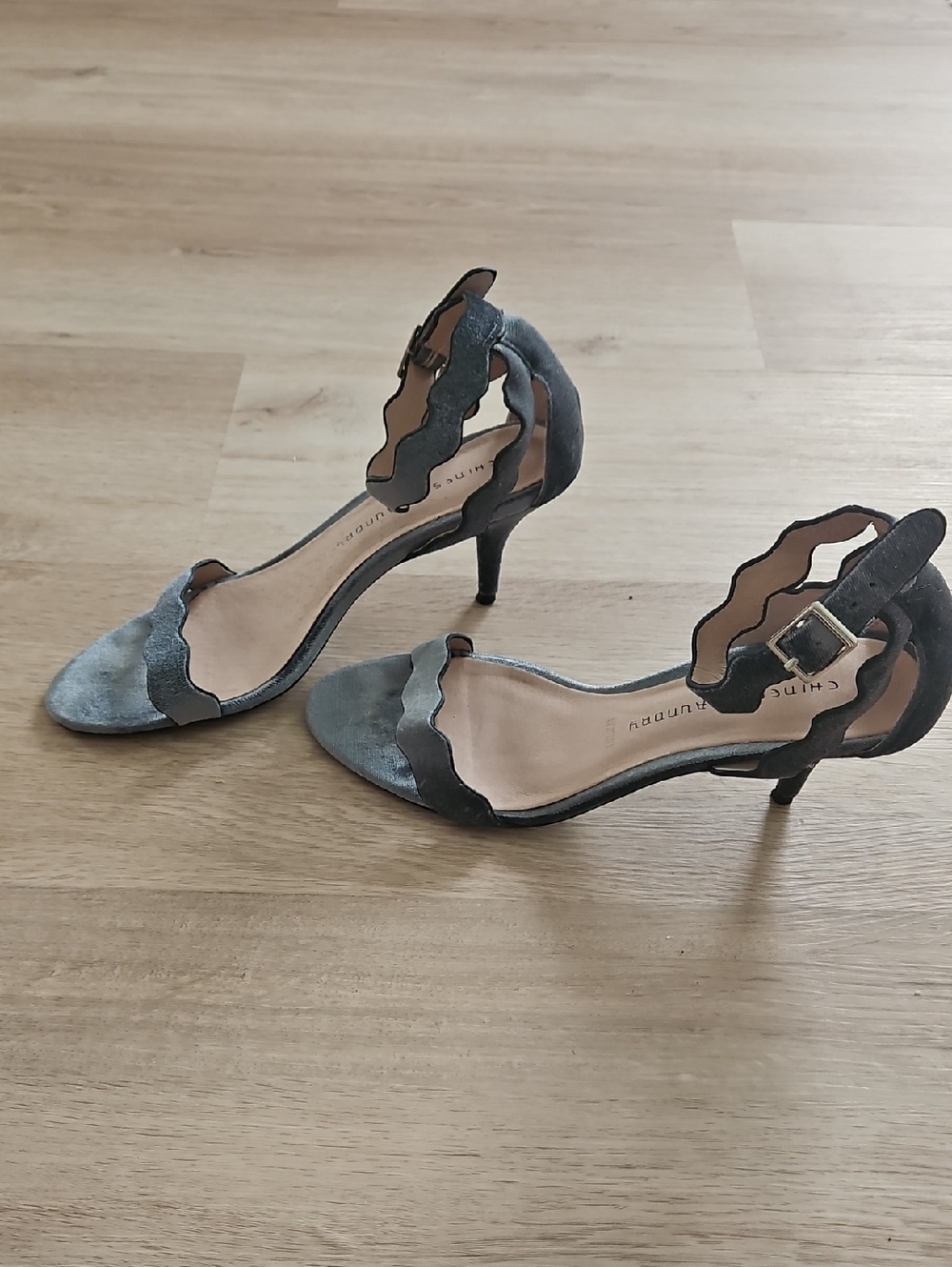 Silver Blue Velvet Scalloped Ankle-Strap Sandal